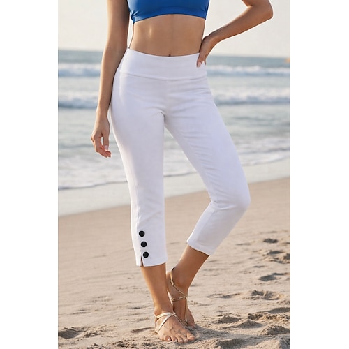 Damen Schlank Chinos Schnitt Gemütliche Leggings Urlaub Basic Lässig Wadenlang Natürliche Taille Einfach Geteilt Komfort Schnelltrocknend Weich Dehnbar Urlaub Alltagstauglich Weiß Schwarz Sommer Image