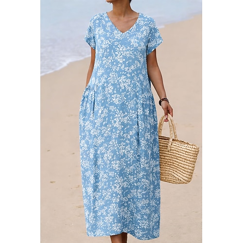 Damen Midikleid Boho-Kleid Sommerkleid Freizeitkleid Ethnokleid Elegant Bohemien Urlaub Strand Ferien Date Lässiger Schnitt Blumen Grafik Kurzarm V Ausschnitt Blau Rosa Purpur Grün Sommer Frühling Image