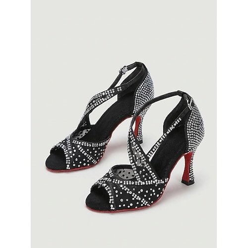 Schwarze, mit Strass besetzte Latin-Tanzschuhe für Damen, offene Riemchenschuhe für Salsa, Tango und Tanzdarbietungen Abendtanzveranstaltungen Image