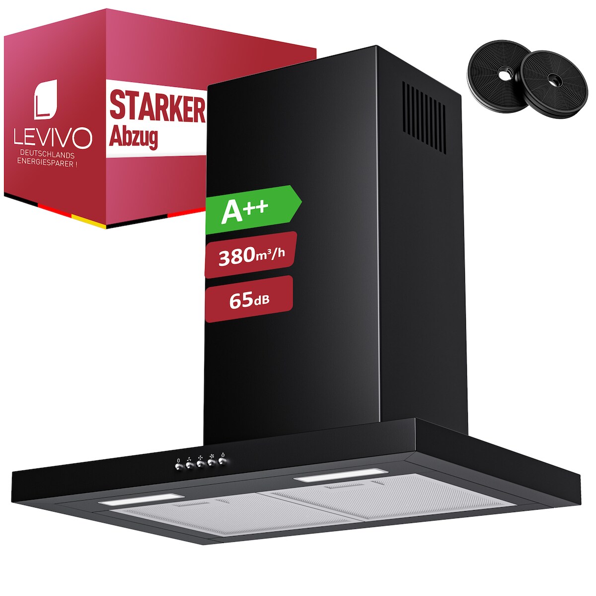 Levivo A++ Dunstabzugshaube 60cm Umluft & Abluft mit 380 m³/h Luftleistung, Abzugshaube mit 2 Aktivkohlefiltern, 2 Fettfiltern, 3 Leistungsstufen, 2 LEDs Image