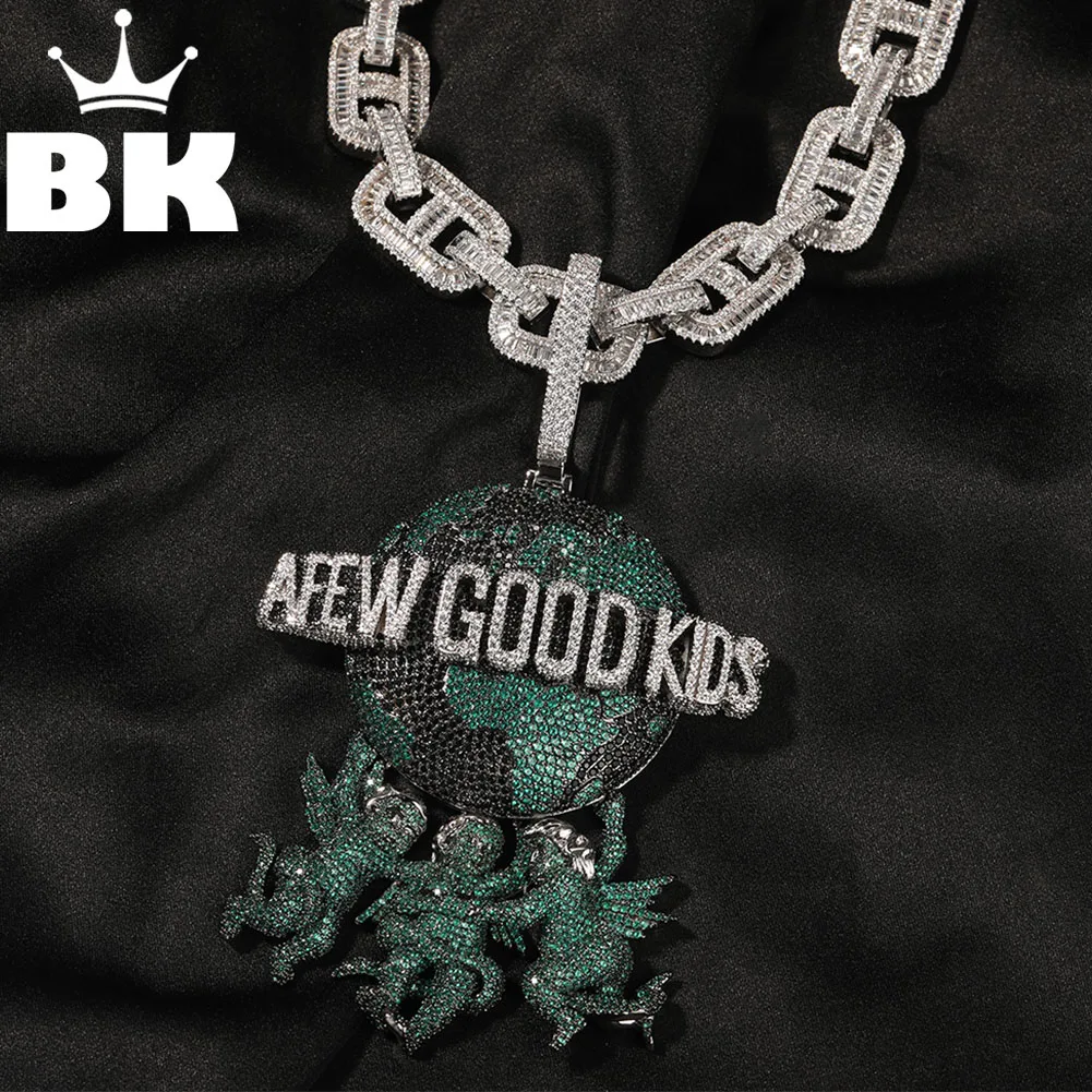 A Few Good Kids Logo Pendant Necklace For Men Big Clasp Cubic Zirconia Iced Out 3 Little Angels Holding The Earth HipHop Jewelry