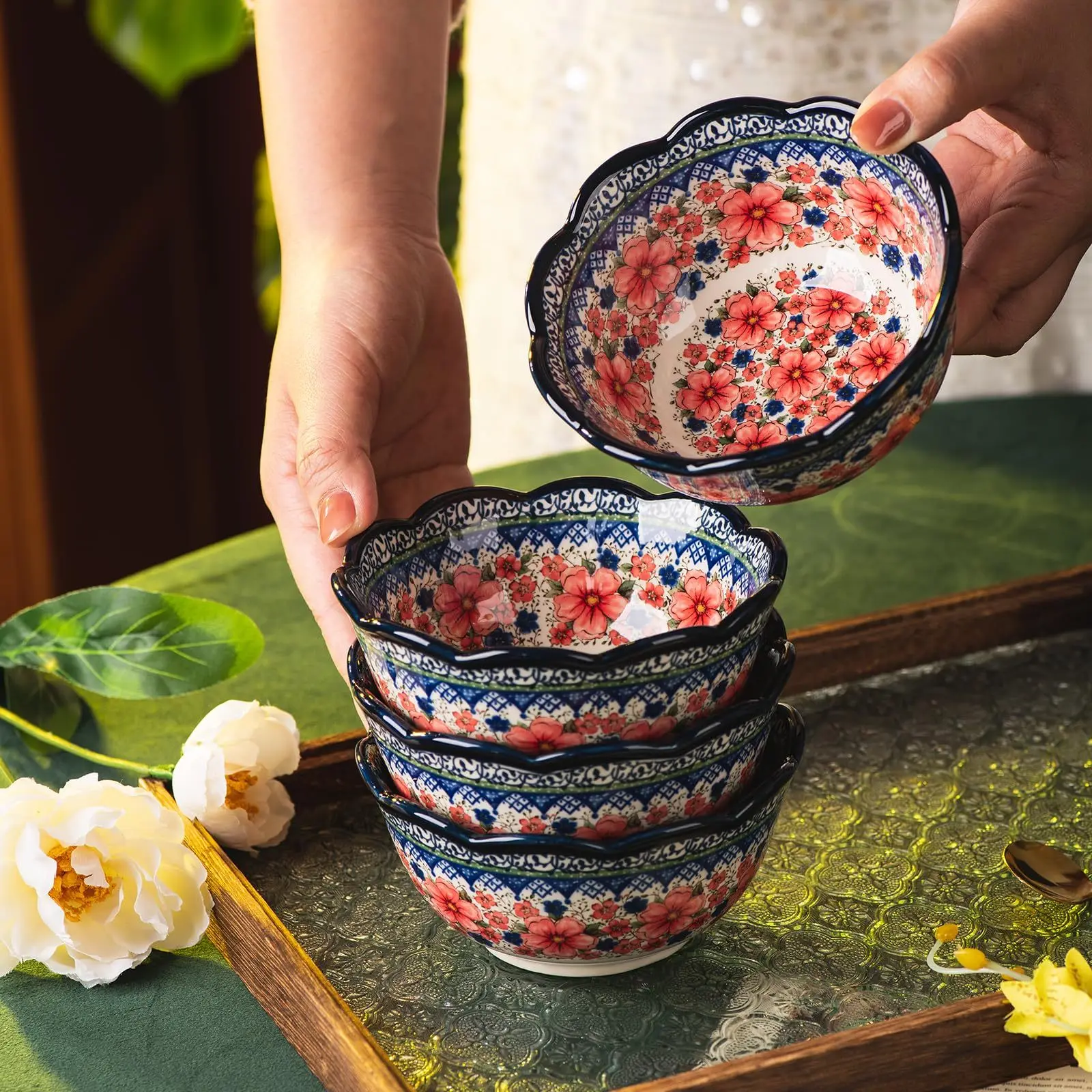 1/2/4/6/8pcs,A vintage bowl with floral patterns, a household bowl, high-quality ceramic, suitable for daily use.