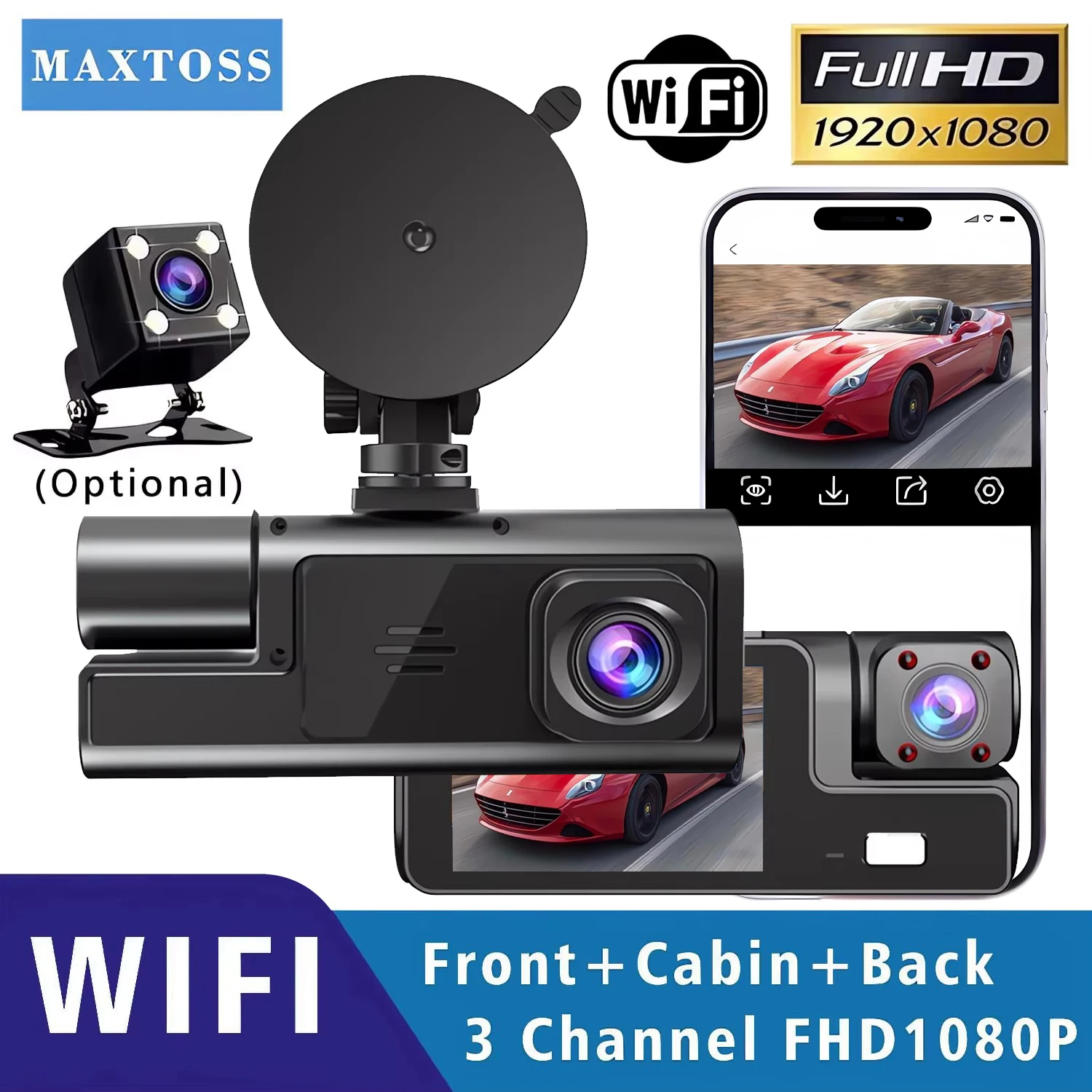 Caméra embarquée pour voitures, 3 canaux, WIFI, DVR 1080P, pour l