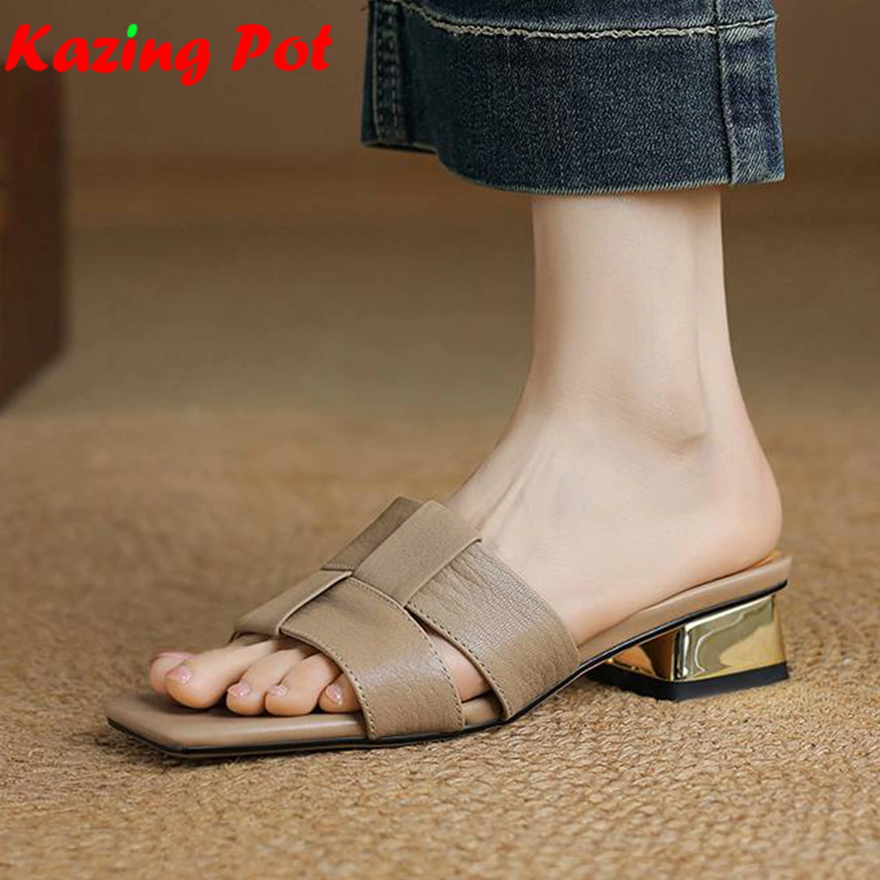 Krazing Pot Schaffell Neue Pantoletten Peep Toe Low Heels Schönheit Dame Adrette Sommer Schuhe Büro Dame Marke Größe 43, Frauen Sandalen