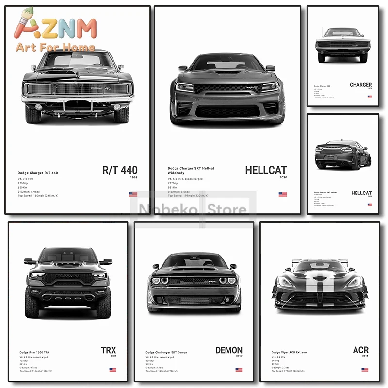 AZNM Dodge Muscle Car Collection Wandkunstdruck, ungerahmtes Leinwandposter, Schwarz-Weiß-Poster mit den Motiven Charger, Hellcat, Demon, TRX & VIP Image