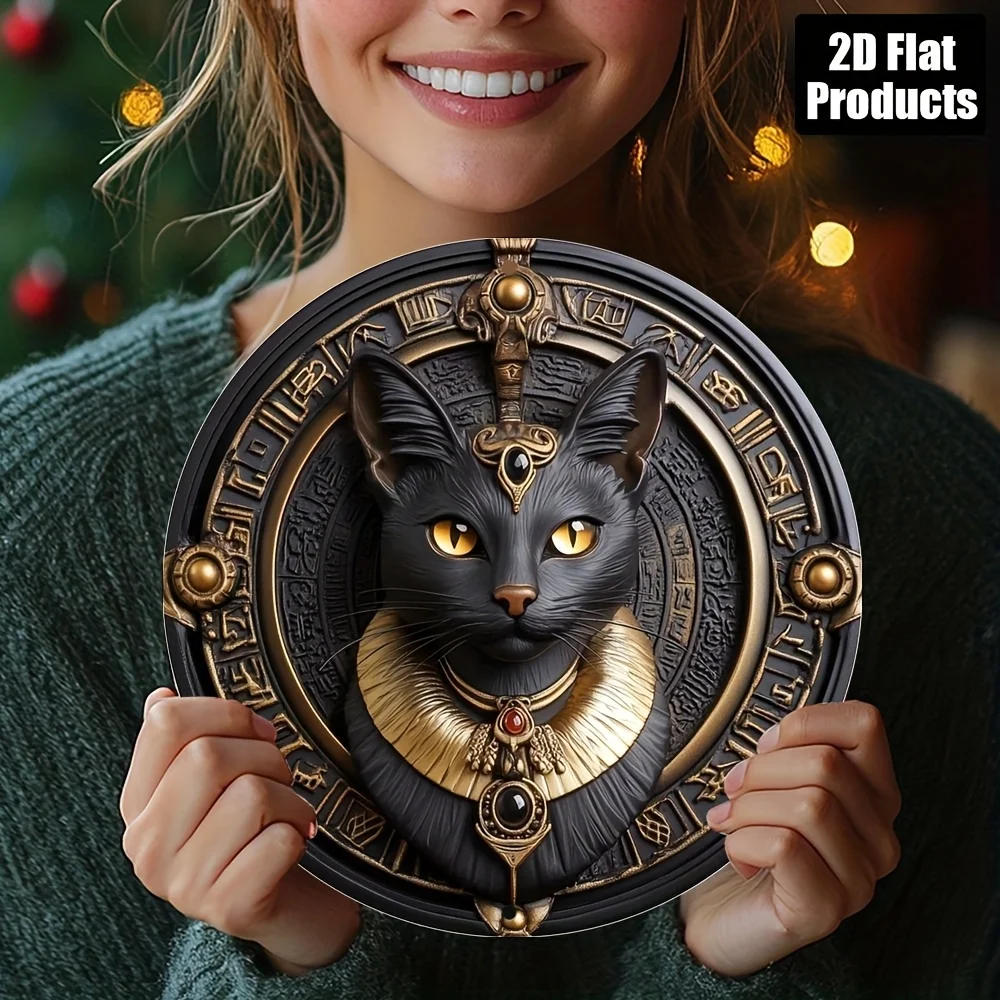 2D flache, 20,32 x 20,32 cm große ägyptische schwarze Katzen-Wanddekoration – Vintage-Plakette mit ägyptischer Kunst und hieroglyphischen Mustern, langlebiges Aluminium