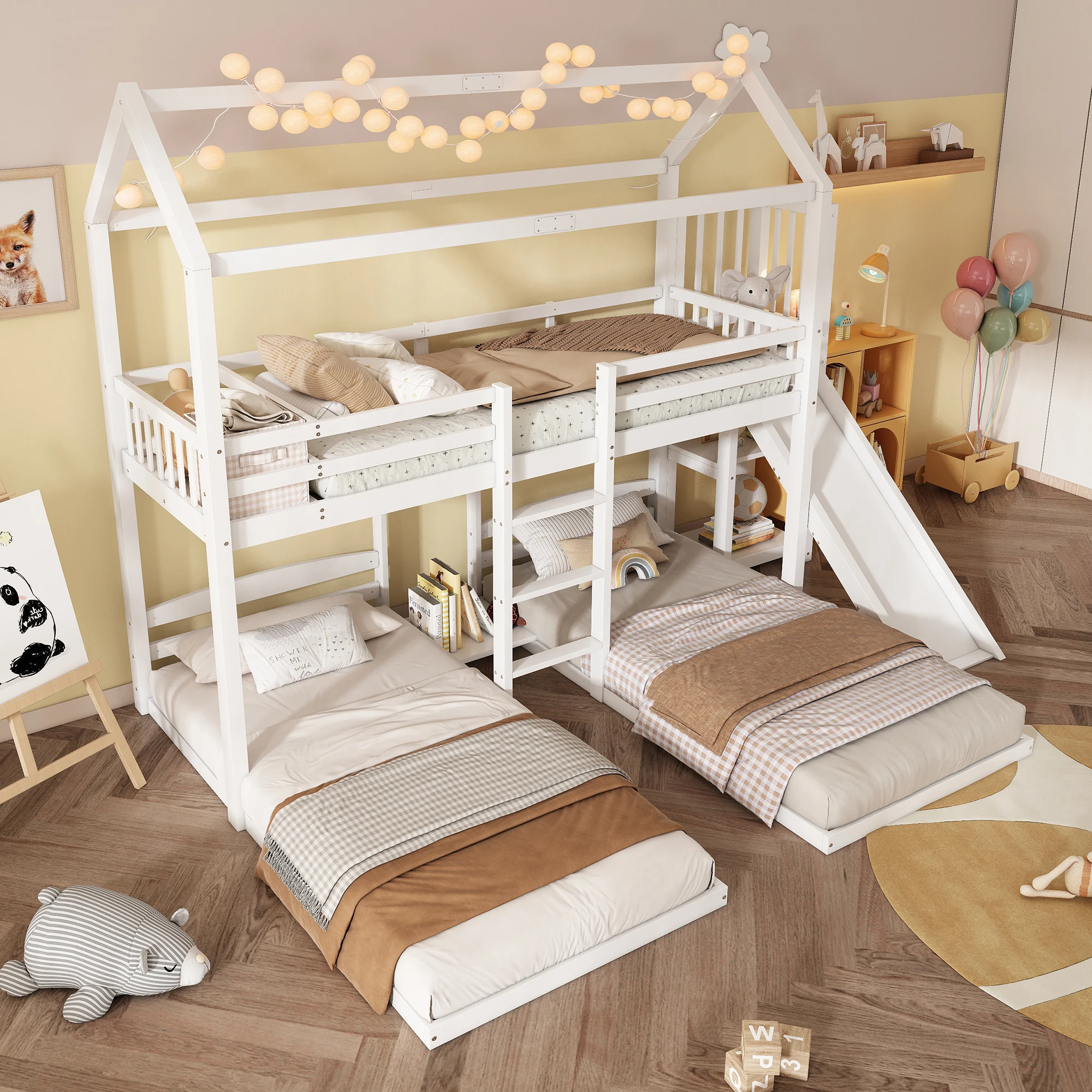 Etagenbett 90x200cm,mit Rutsche, mit Rausfallschutz,mit dreistufiger Leiter und 1*Lattenrost, (Unterbett ohne Lattenrost)