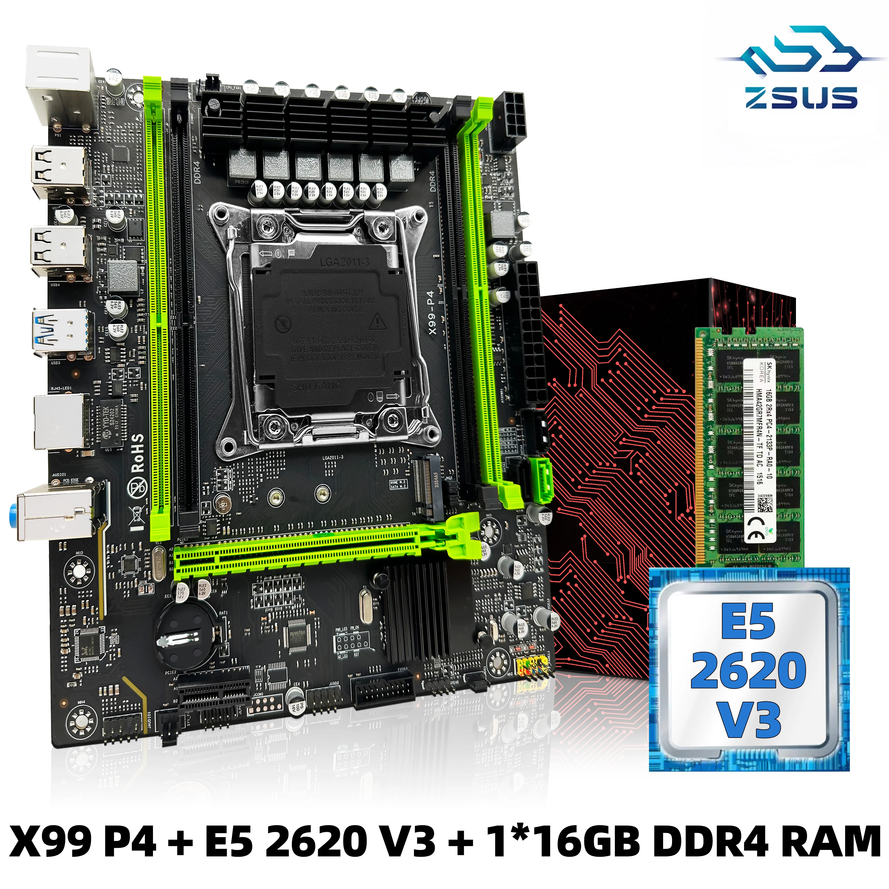 ZSUS X99 P4 Motherboard Set Kit mit Intel LGA2011-3 Xeon E5 2620 V3 CPU DDR4 16 GB (1 * 16 GB) 2133 MHz RAM-Speicher NVME M.2 SATA Image