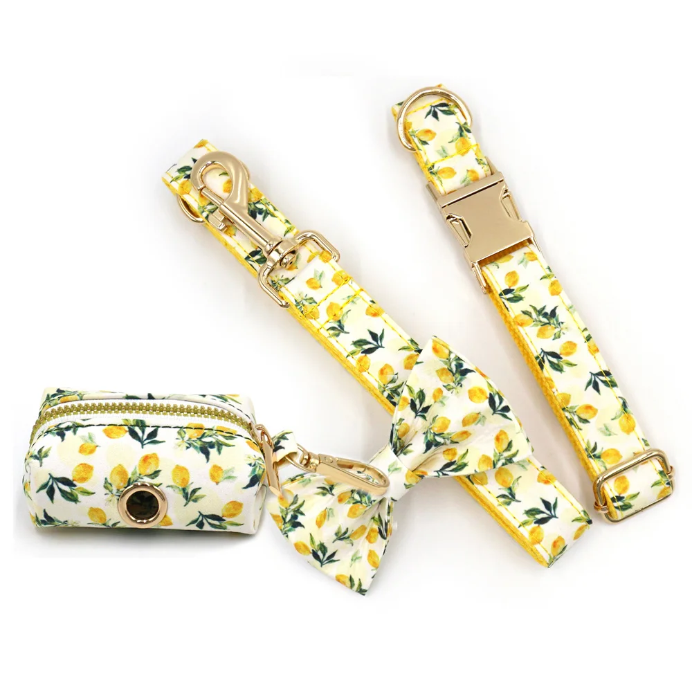Personalisiertes Haustierhalsband für Katzen, kleine, mittelgroße und große Hunde, Zitronendruck, luxuriöses Designer-Hundehalsband und Leine-Set mit Kotbeutel Image