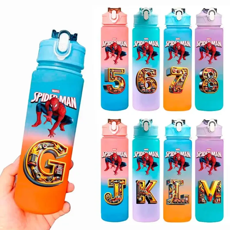 750ML Spider-Man Outdoor-Camping Auslaufsichere Wasserflasche Farbverlauf-Trinkflasche mit Strohhalm Tragbare Plastik-Wasserflasche für Schüler Image