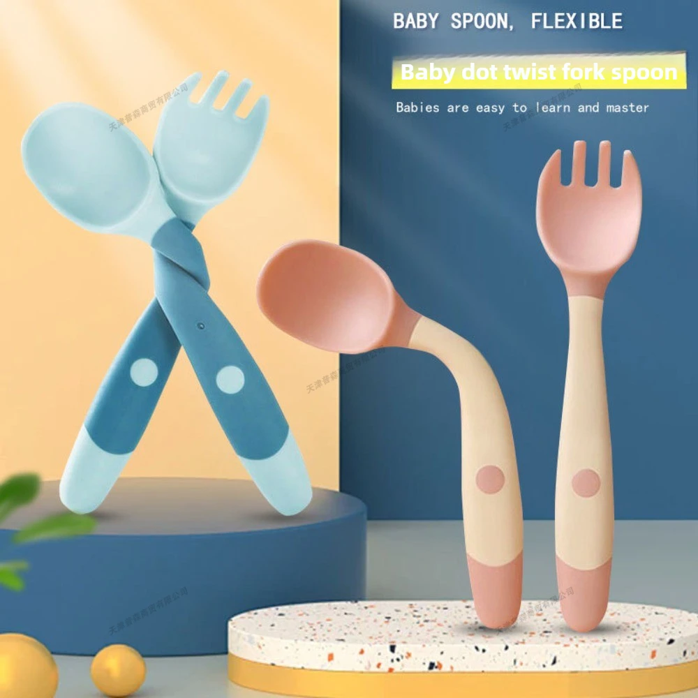 Baby-Gabel- und Löffel-Set, weicher Silikongriff, biegsame Kleinkind-Utensilien, Trainingsgeschirr, selbsternährende Werkzeuge für Kleinkinder und Kinder Image