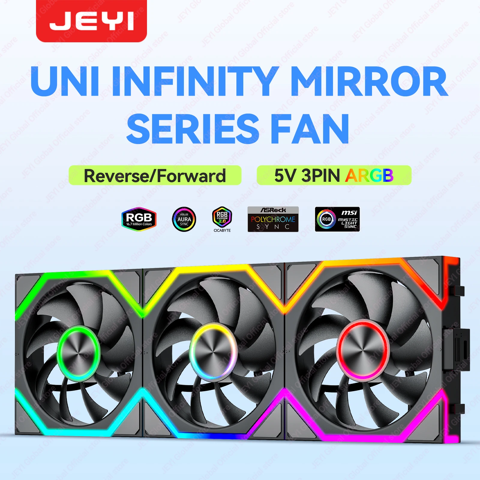 JEYI ARGB PC-Lüfter mit Hydro-Lagerung, Infinity-Spiegel, 30dB(A), 12CM Lüfter, 5V 3-Pin PWM, 800-2000RPM, Vorwärts-/Rückwärtsdrehende Lüfterblätter Image