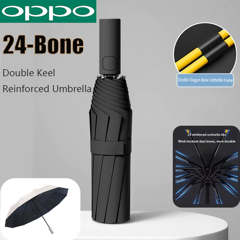 OPPO Vollautomatischer Doppelknochen-Klappschirm mit 24 Knochen für Sonnenschutz, UV-Schutz, Regenbeständigkeit und starke Windbeständigkeit Image