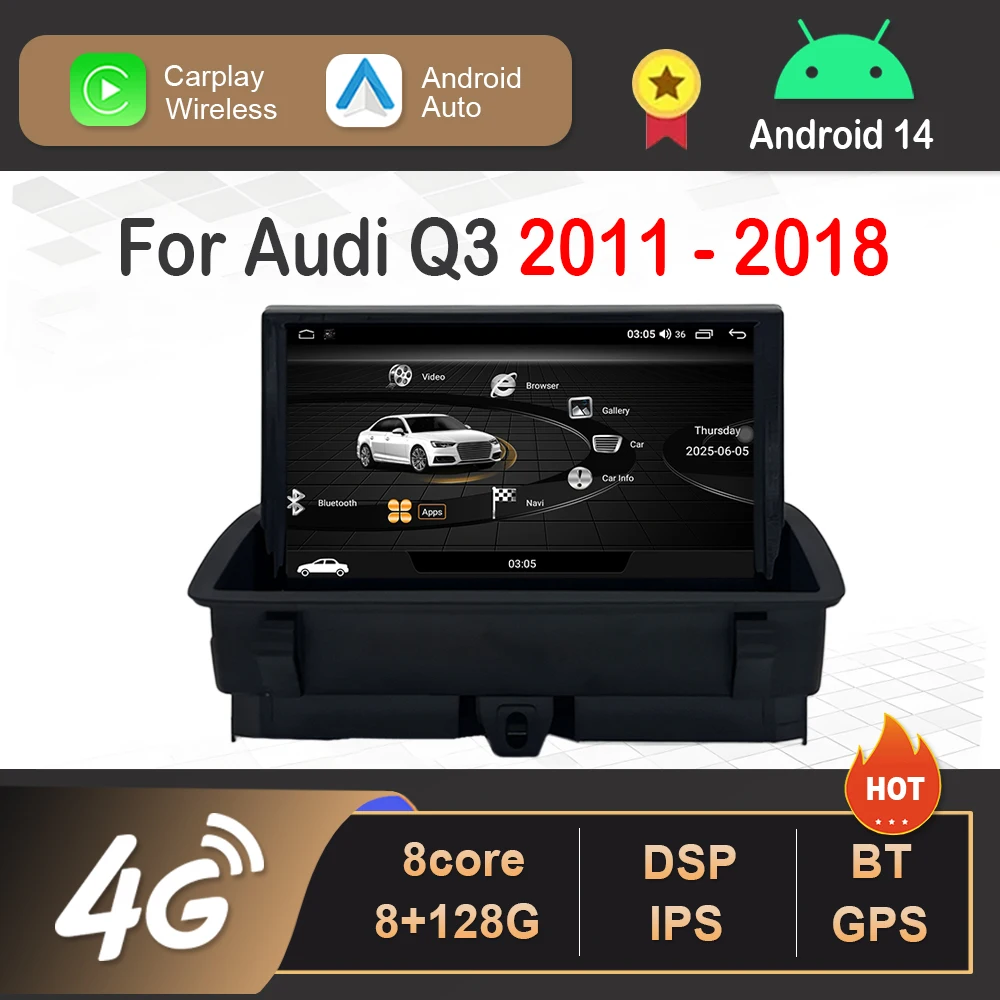 Android 14 Auto Multimedia Radio Video Player 8 "für Audi Q3 2013 - 2018 Drahtlose Carplay 4G WiFi GPS HD Touchscreen Image