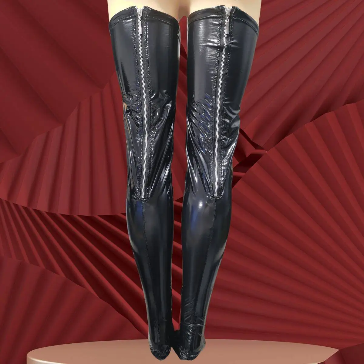 Schwarze Wetlook Kunstleder Overknee Sexy Strümpfe mit Reißverschluss hinten, Punk-Beinaccessoires, lange Strümpfe, Pole Dance Stay-Up Silikonstrümpfe