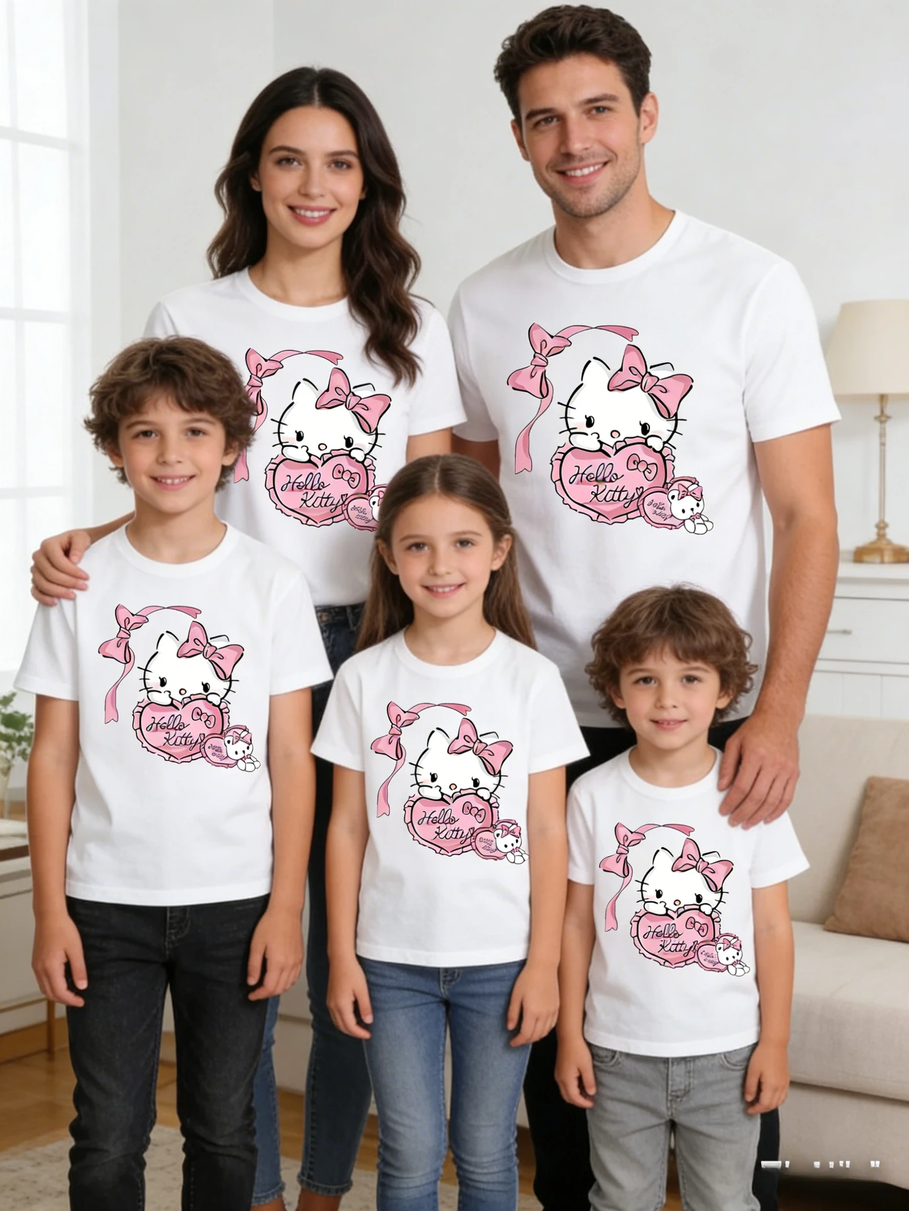 Sanrio 2026 Sommer-Comic-Form Hello Kitty Image Baumwoll-bedrucktes Freizeit-T-Shirt für Erwachsene und Kinder, Eltern-Kind-Oberteil, Homewear, Y2k.