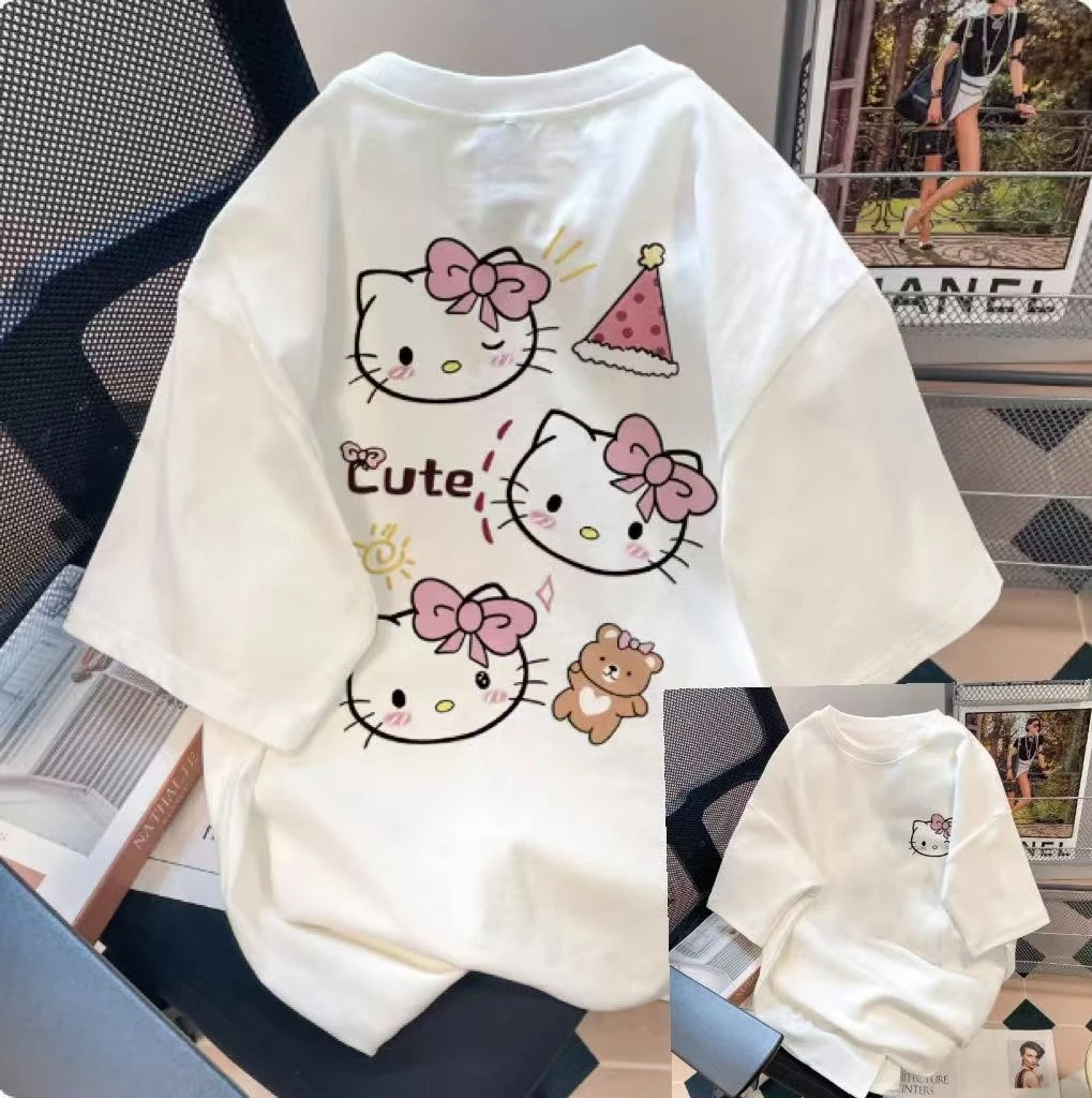 Sanrio 2026 Sommer-Comic-Form Hello Kitty Motiv 100% Baumwolle Bedrucktes Freizeit-T-Shirt für Erwachsene und Kinder Eltern-Kind-Oberteil Freizeitkleidung