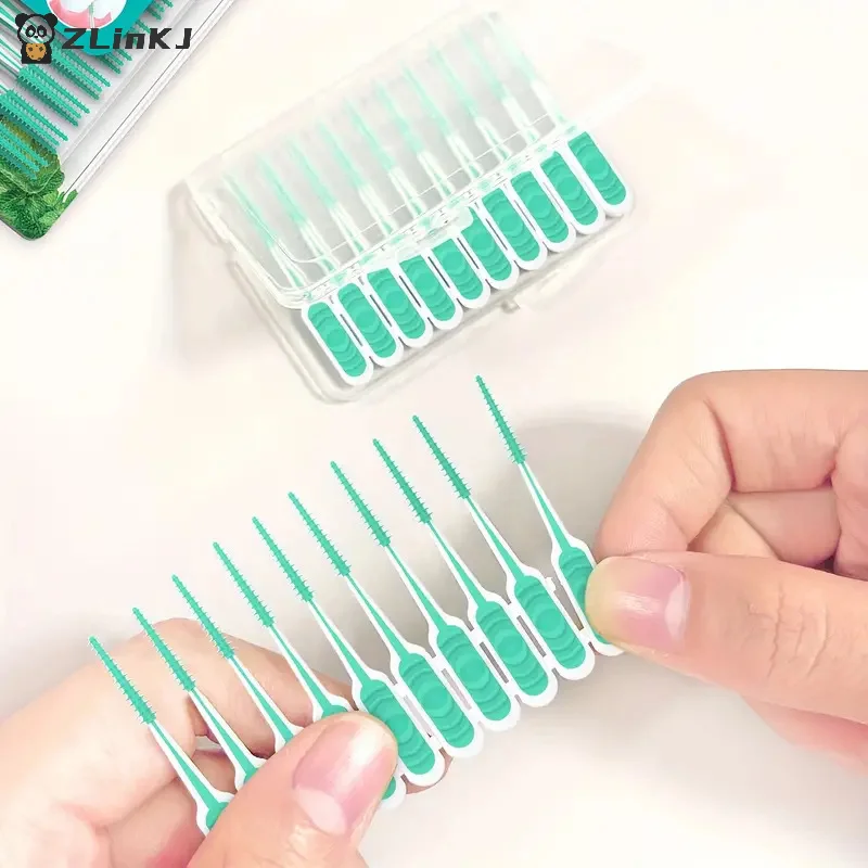 ▶ 100 Stück/Box Interdentale Silikonbürsten, Zahnzwischenraumbürsten mit Faden, Mundreinigungsgeräte Image