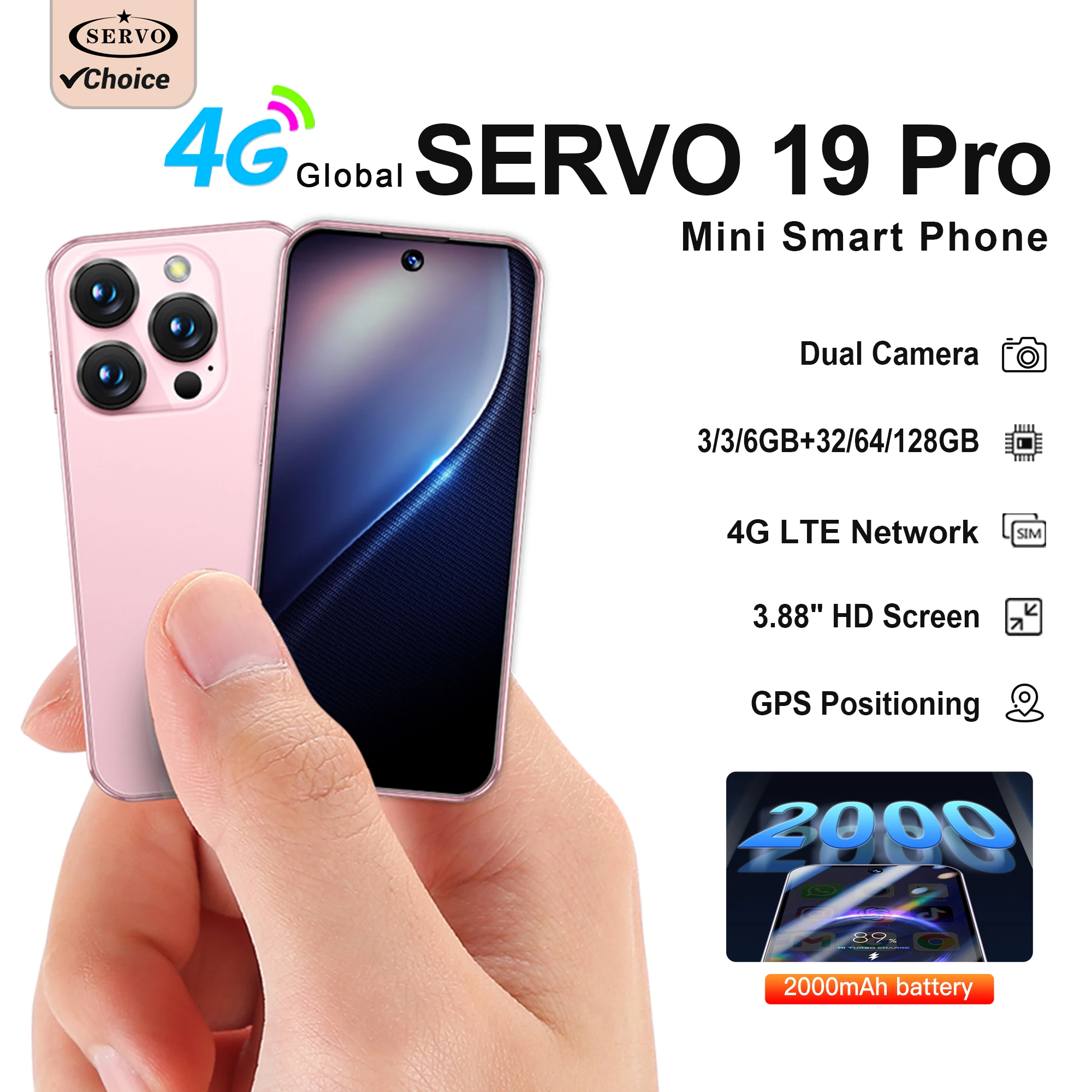 SERVO 19PRO 4G LTE Mini-Smartphone Android 12.0 System 6GB+128GB Play Store WLAN Gesichtserkennung Dual-SIM 3,88 Zoll Pocket-Smartphone