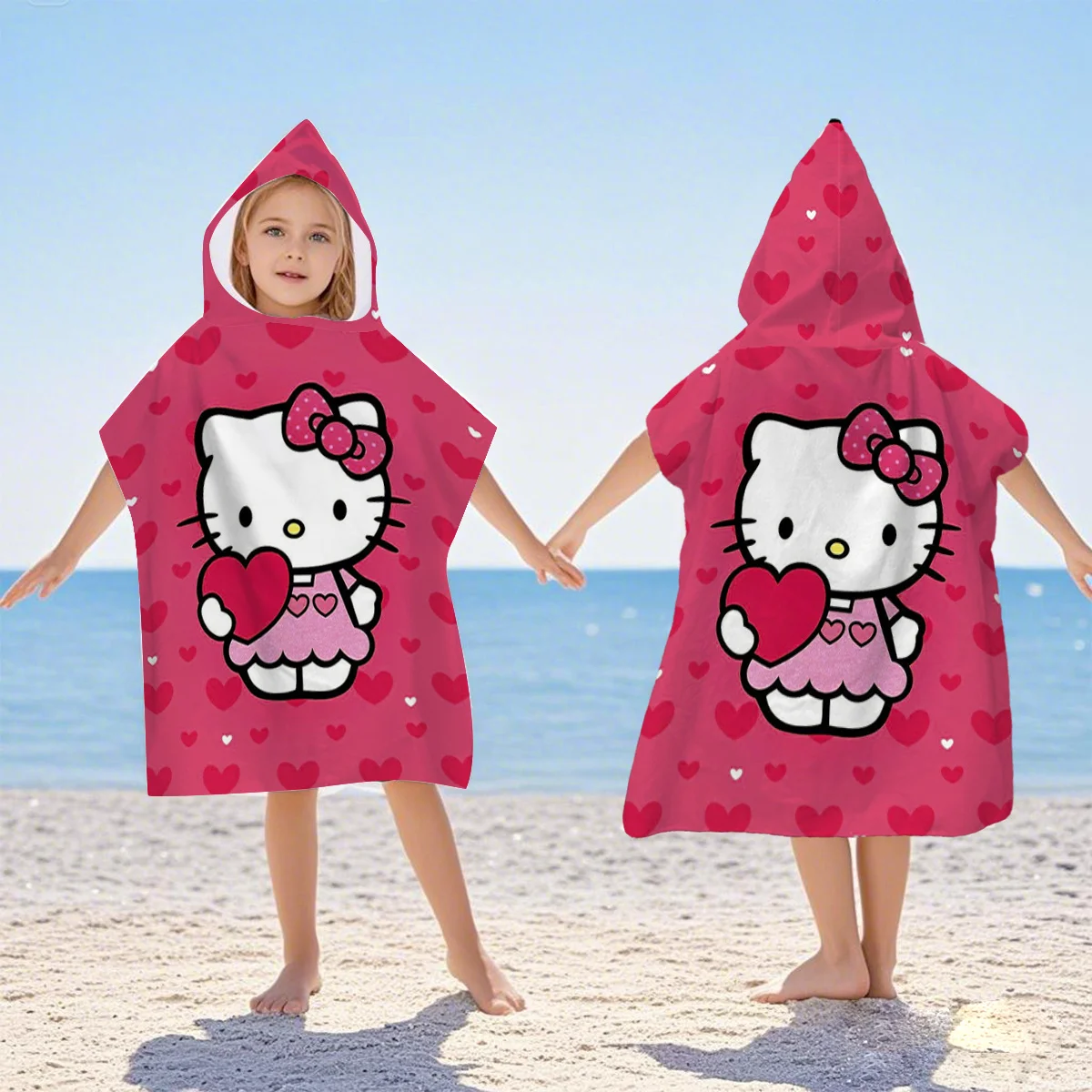 1 Stück Hello Kitty Surf-Poncho-Handtuch, Polyester Schnelltrocknender Kapuzen-Strandmantel, Niedlicher Sanrio-Charakter Umziehponcho, Geschenk für Hello
