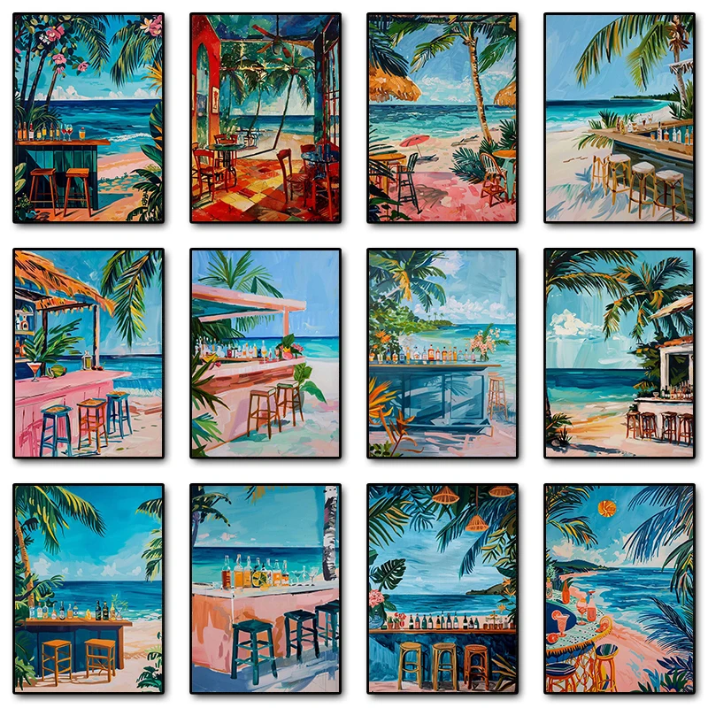 1 Stück rahmenloses Poster „Caribbean Beach Bar“, tropische Cocktailbar am Meer, Druck auf Leinwand, Wandkunst, Bild für Zimmer, Heimdekoration, Geschenk