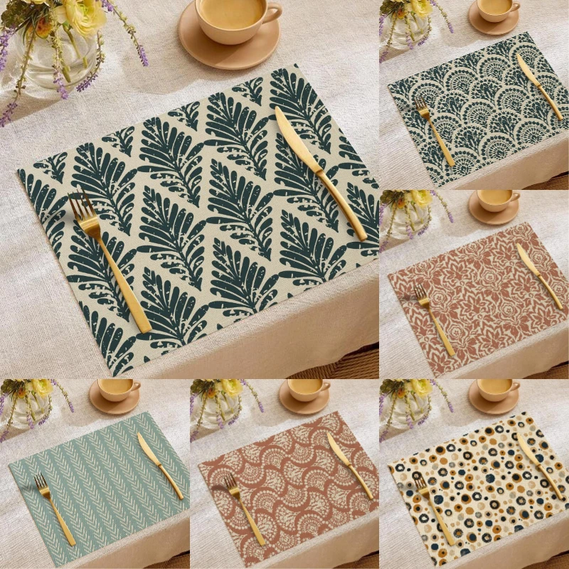 1-teiliges Set Luxuriöse Tischsets Elegante Blattmuster-Fächer-Streifen Rote Wellen-Polka-Dot-Muster Platzdeckchen Goldene Besteck-Untersetzer Wohndekor Image