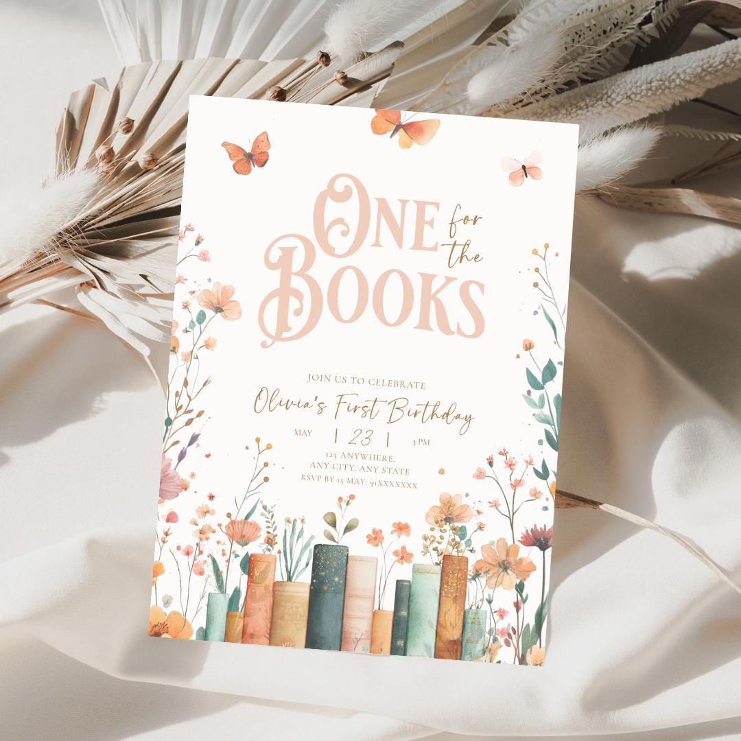 "Invito per il primo compleanno \"One for the Books\" con tema del libro per il primo compleanno Invito per il compleanno \"One for the Books\" con tema de"