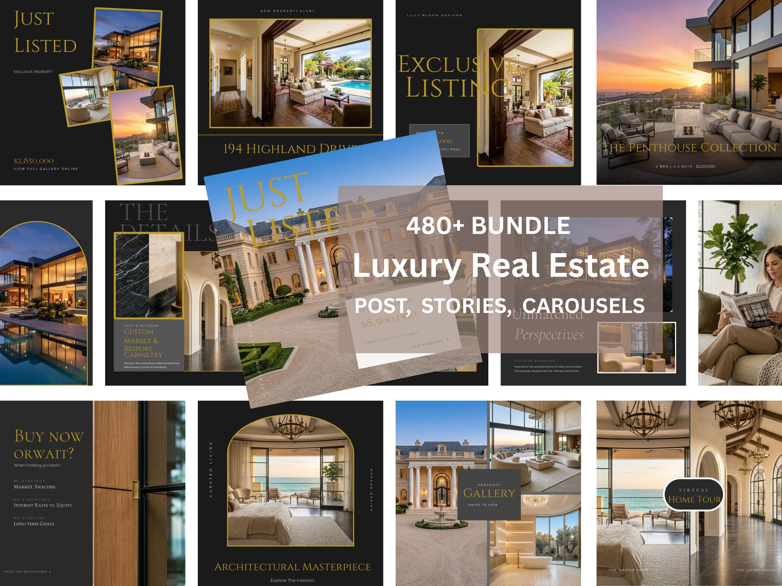 Modelli Instagram di lusso con estetica immobiliare, modelli Canva, modelli di marketing per agenti immobiliari in nero e oro, post di storie a carose