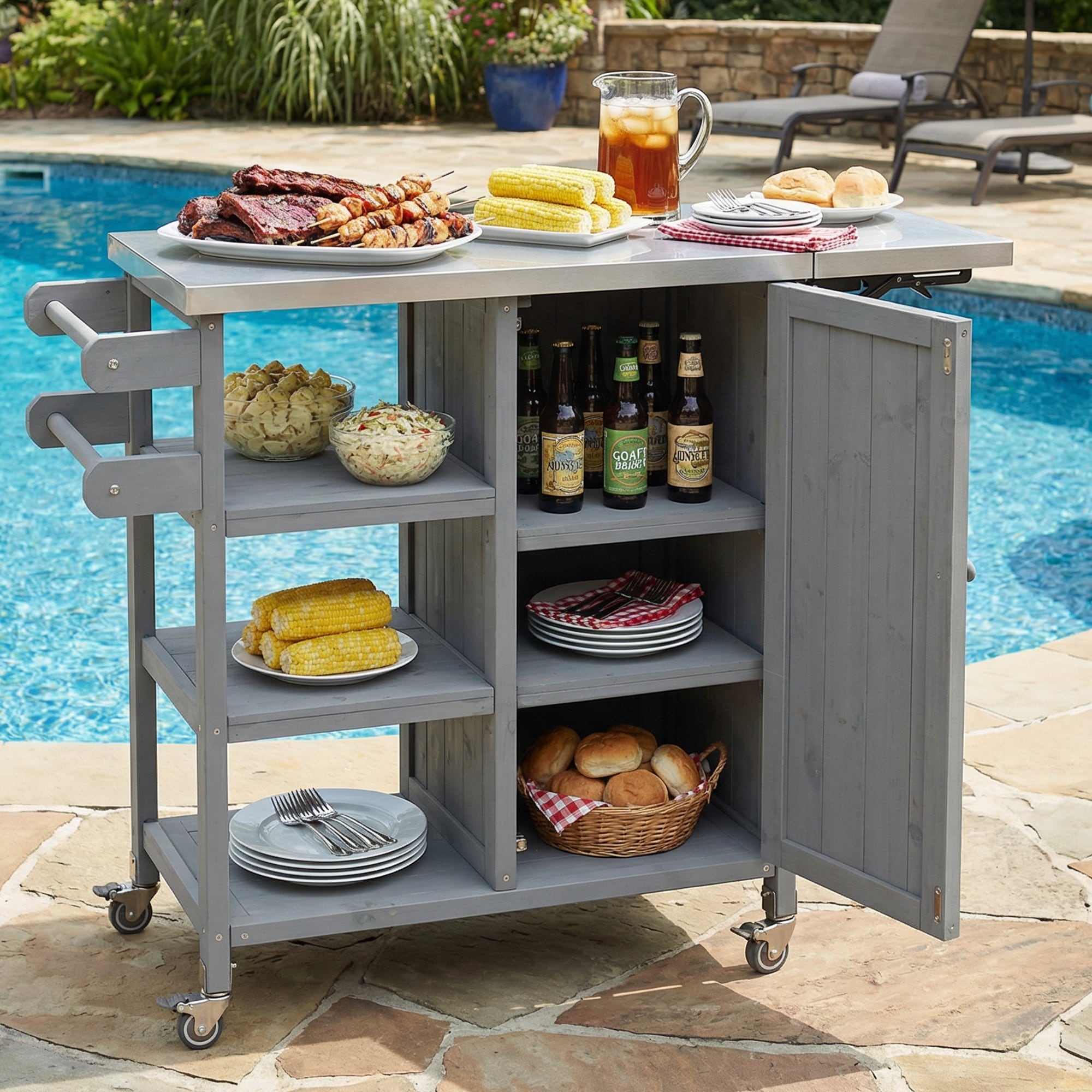 Foldable Outdoor Kitchen Island with Lockable Wheels, Patio Kitchen Island Kitchen Cart with Towel Rack