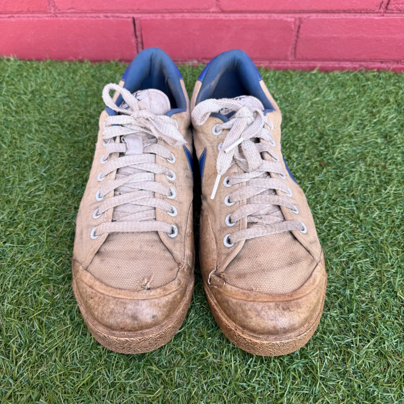 Nike Shoes | Vtg 70s Nike Tennis Shoes Canvas Tan Blue Swoosh Mens Size 9 Blue Swoosh Flaws | Color: Blue/Tan | Size: 9