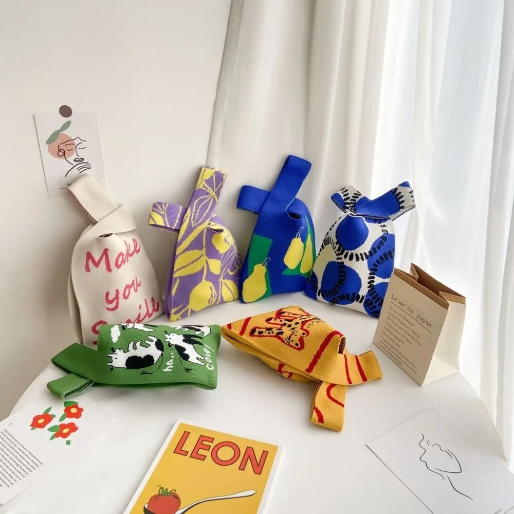 Borsa a mano in maglia di gatto borse per la spesa fatte a mano in maglia di moda borsa da polso con nodo ad alta capacità ragazze