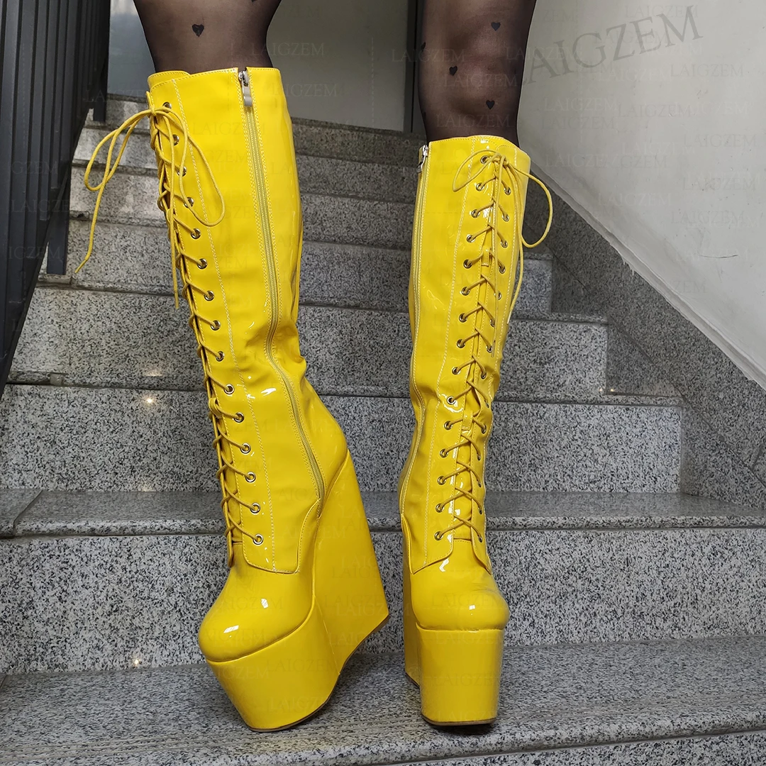 LAIGZEM Frauen Kniehohe Stiefel Plattform Keile 20 CM High Heels Vollseite Zipper Hohe Stiefel Damen Schuhe Frau Große Größe 37 44 48