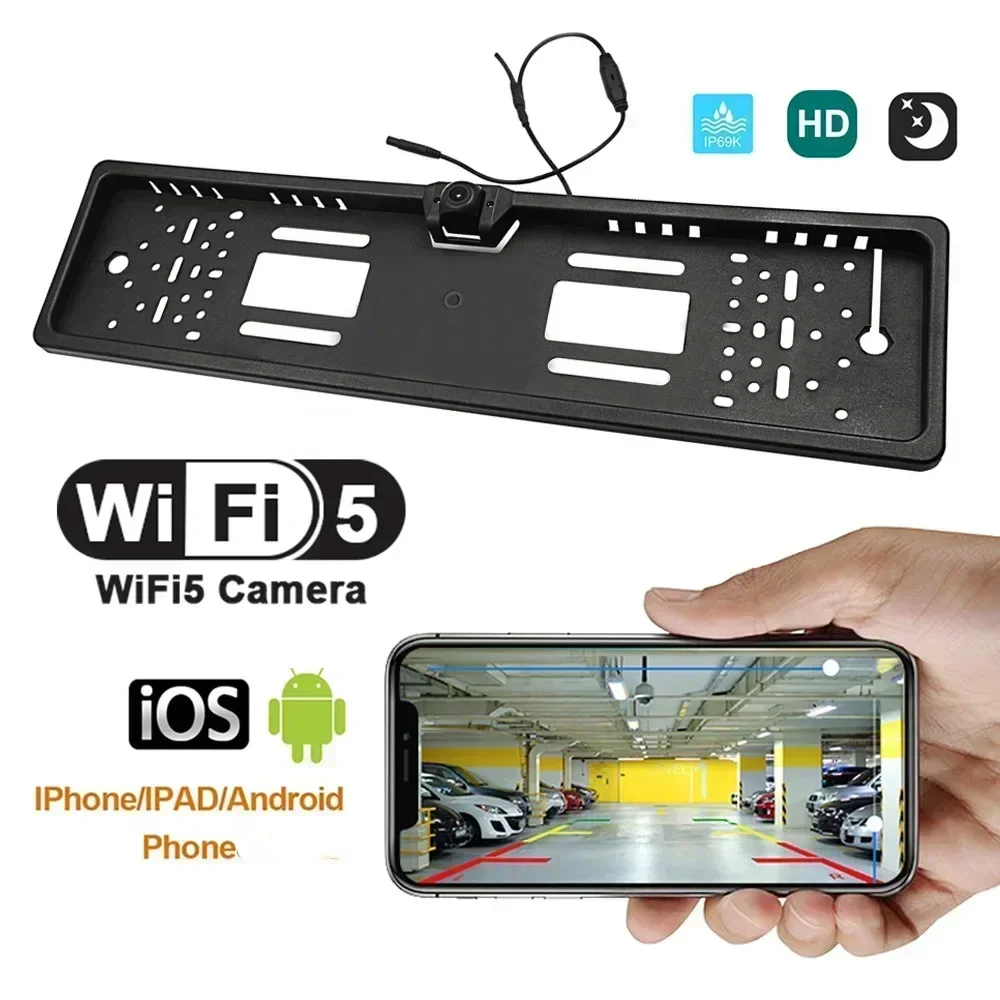 Kabellose WLAN-Rückfahrkamera für Autos, Europäischer Nummernschildrahmen, Frontkamera und Rückfahrkamera für iOS und Android Image