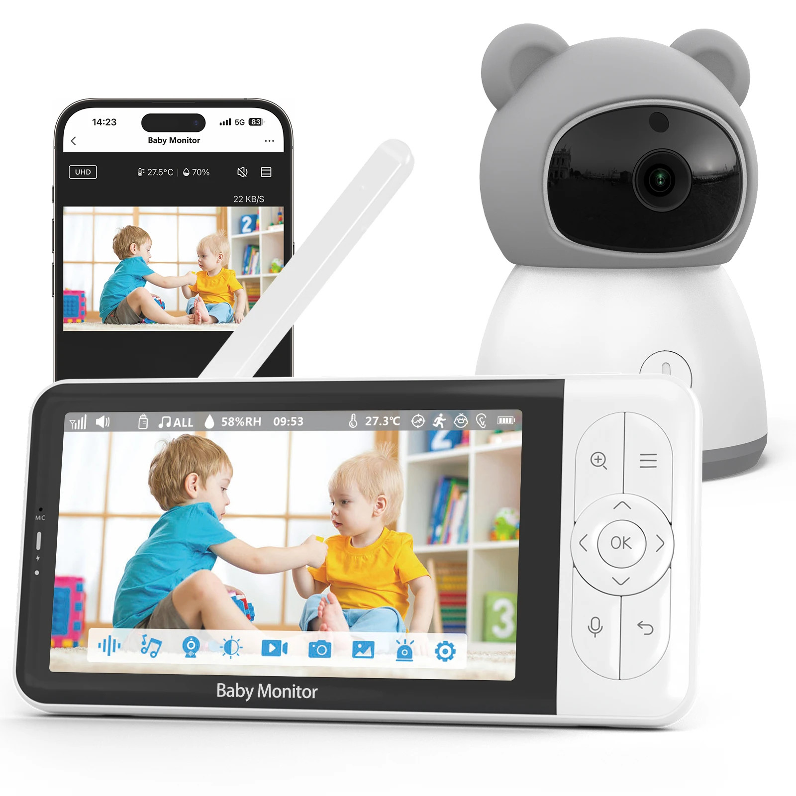 Tuya Smart Babyphone-Kamera mit 5-Zoll-1080P-Display, Temperaturerkennung, App-Steuerung, Baby-Nanny-Funktion, 2-Wege-Audio, Babykamera Image