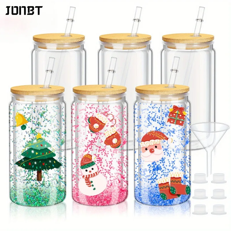 6PCS 16oz Klarer Plastikbecher Bambusdeckel Strohbecher Doppelwandiger Schneekugelbecher Vorgebohrte Wasserflasche Einmachglas Becher Trinken Image