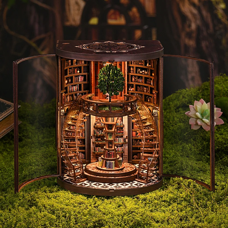 3D Holzpuzzle Buchnische DIY Mini Magisches Bibliotheks-Haus-Set mit LED-Beleuchtung, Buchstützen-Modellbausatz, handgefertigte Bücherregal-Dekoration Image