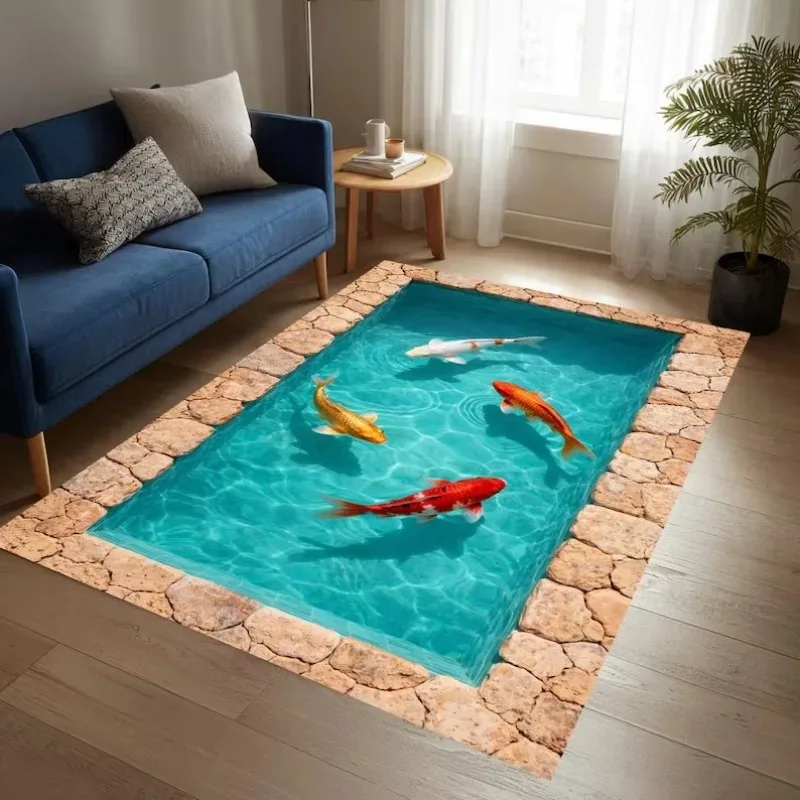 2D Koi-Teich Teppich - Realistischer Fischteich-Illusions-Bodenteppich Ideal für Wohnzimmer Aquatisches Muster Bodenteppich Deko-Teppich Image