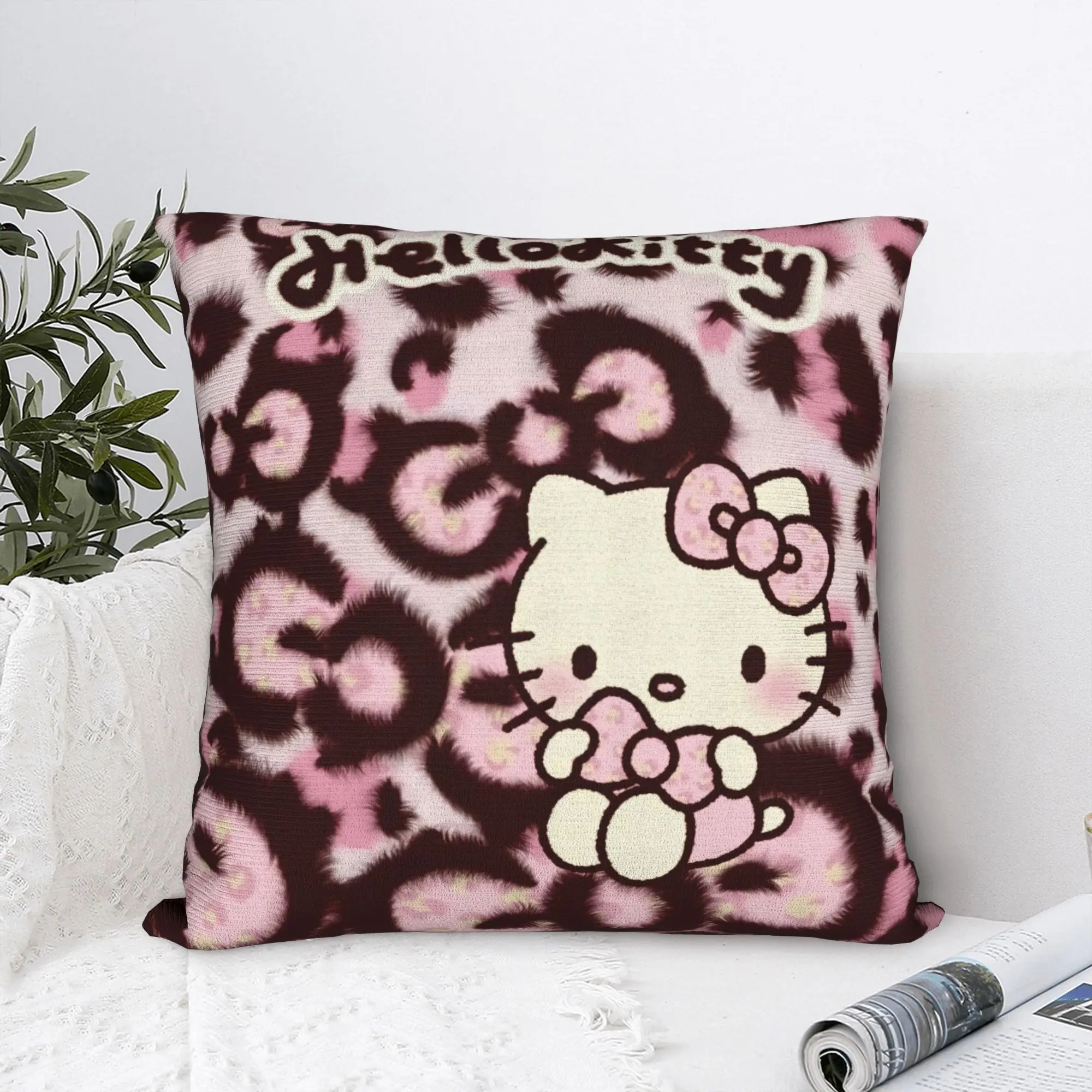 1 Stück rosa Hello-Kitty-Kissenbezug mit Leopardenmuster, 2D doppelseitiger Polyester-Kissenbezug, niedliche Kawaii-Dekoration, Geschenk für Hello Kitty