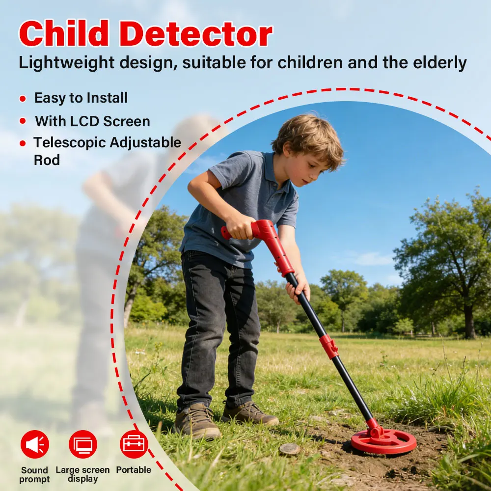 Kinder-Metalldetektor, verstellbar 27,5-37,8 Zoll, leichtgewichtig, 6,5 Zoll LCD-Display, Outdoor-Goldschatzsucher Image
