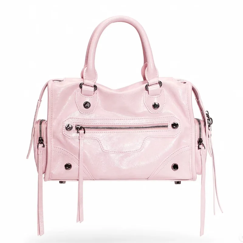 Vintage Rosa Motorrad-Tasche für Damen mit Nieten und Quasten, Reißverschluss-Schultertasche, Retro Punk Leder Umhängetasche mit Mehreren Taschen