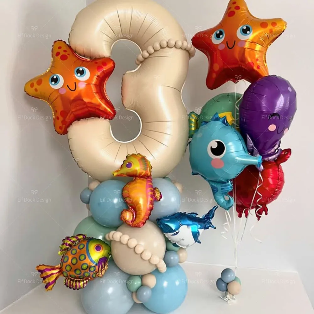 46-teiliges Unterwasser-Set mit Kugelfischen, Seesternen, Oktopus, Krabben, cremefarbenen Zahlen 1-9, Geburtstagsparty-Dekoration, Luftballons, Babyparty Image