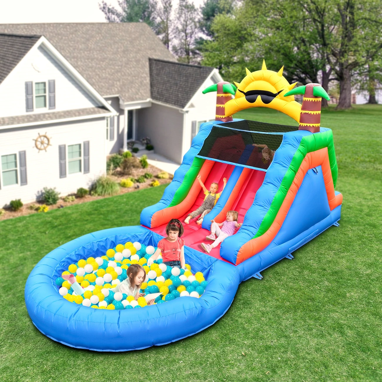 Kommerzielle aufblasbare Wasserrutsche Hüpfburg mit Wasserrutsche aus PVC und einem 1100W Luftgebläse, Kinderspielplatz-Blasenpool Image