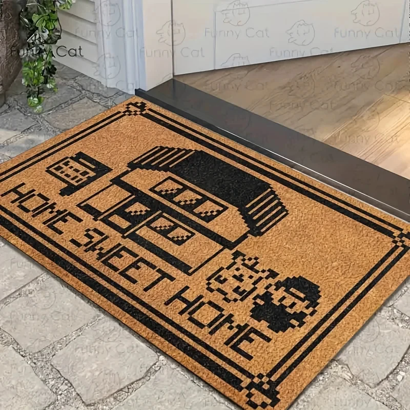 VIKAMA Pixel Cabin Eingangsbodenmatte, Cartoon-Motiv, für Kinderzimmer, drinnen und draußen, Willkommens-Heimdekor-Teppich Image