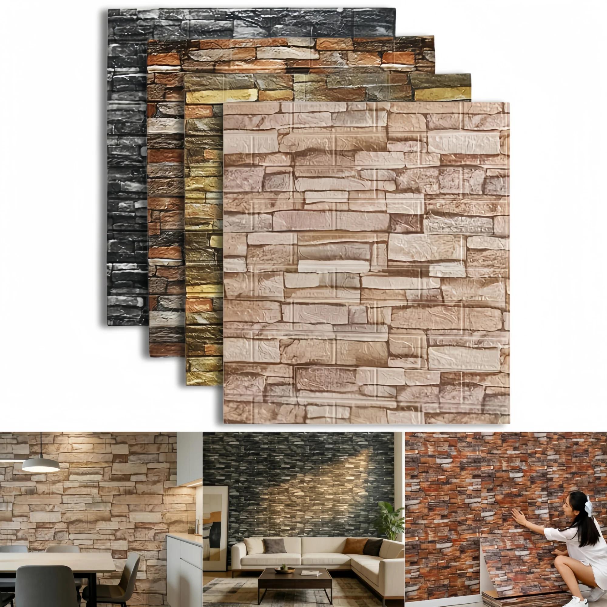 1–10 Stück 3D-Wandaufkleber mit Ziegelmuster, 77 cm x 70 cm, wasserfest, selbstklebend, schmutzabweisend, Raumdekoration im Vintage-Stil Image