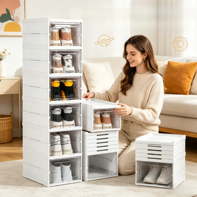 6-stufige faltbare Schuhaufbewahrungsbox, transparenter stapelbarer staubdichter Sneaker-Organizer und Schuhschrank