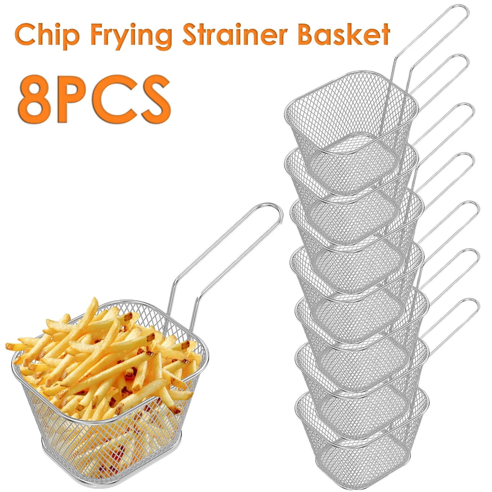 8-teiliges Mini-Frittierkorb-Set mit langem Griff, stapelbarer Pommes-Frites-Siebkorb, Präsentationshalter für Pommes Frites, Küchenutensilien Image