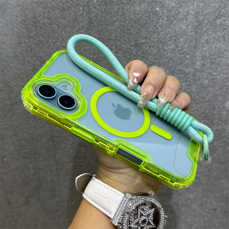 Trendige, transparente, magnetische Neonhülle für iPhone 17 Air 16 15 14 Plus 13 12 Pro Max für Magsafe, stoßfeste Abdeckung mit Trageband Image
