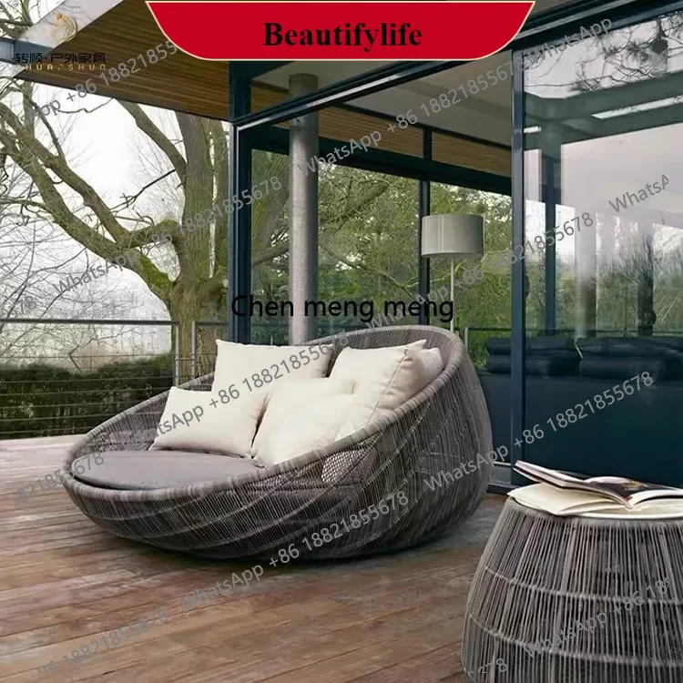 M138 Outdoor-Rattan-Sofabett für Terrasse und Balkon, imitiertes Rattan-Rundbett für Hof, Garten, Schwimmbad, gemütliches Homestay-Rundbett aus Rattan