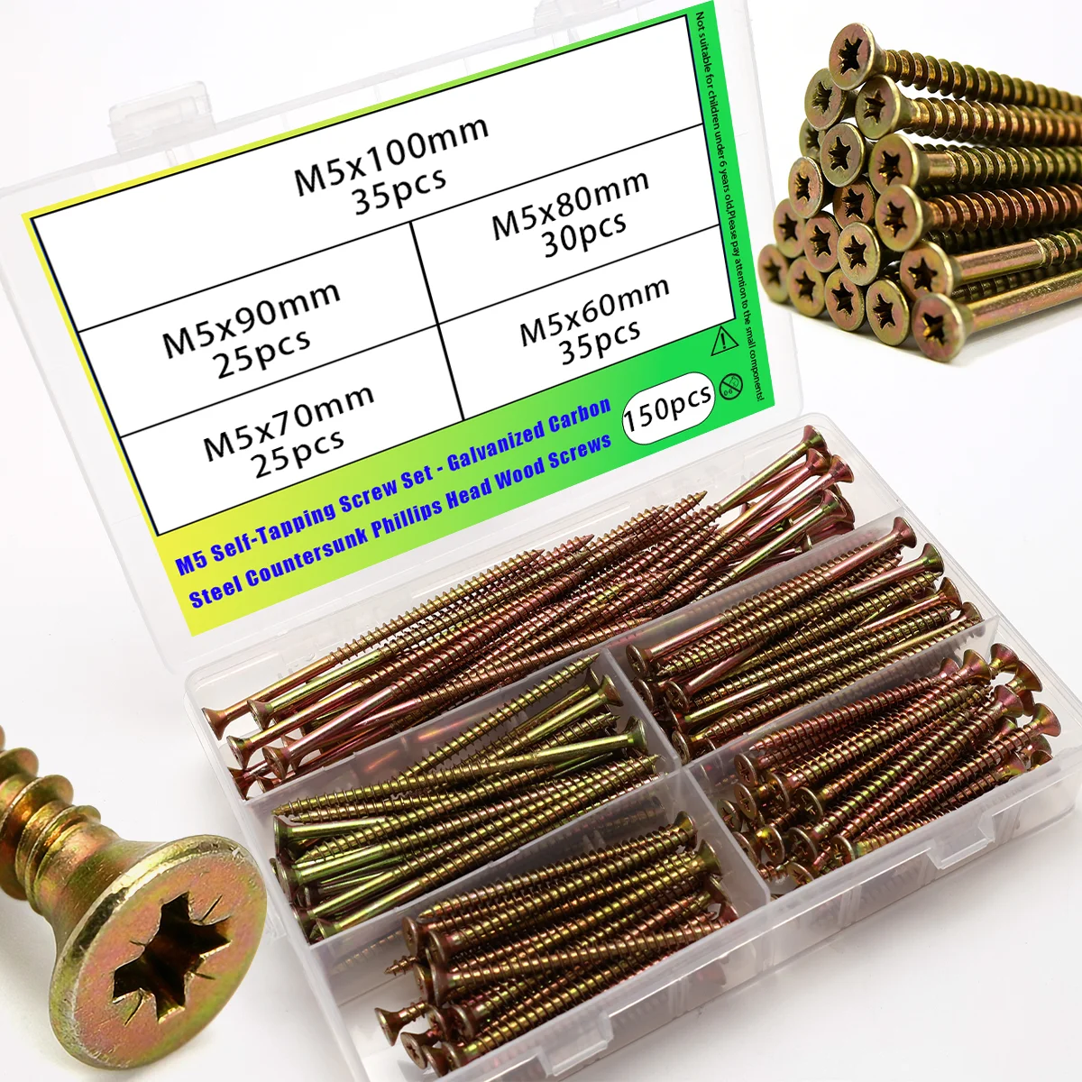 150-teiliges M5-Blechschrauben-Set – 60–100 mm Phillips-Kreuzschlitz-Holzschrauben für Holzbearbeitung, Möbelherstellung und Blockhütten Image