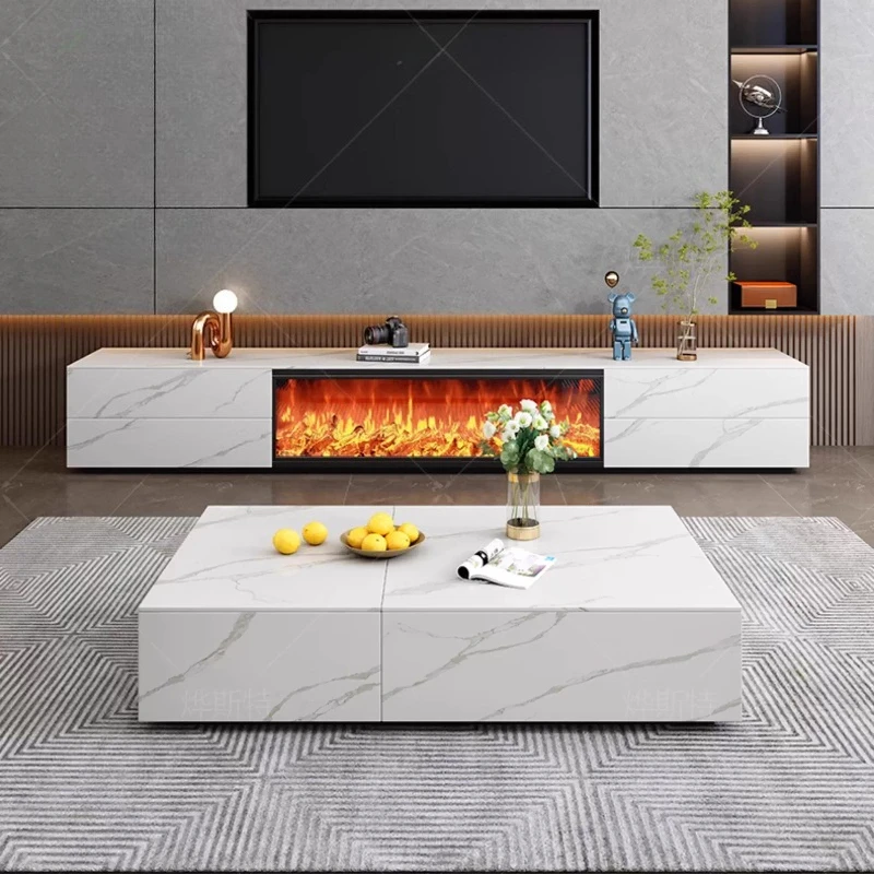 Eingebauter Simulierter Flammen-Elektrokamin TV-Schrank Luxuriöse Wohnzimmermöbel Italienischer Kamin Schiefer-TV-Ständer Image
